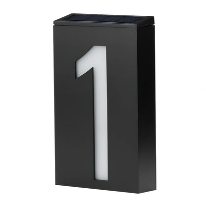 Solar powered house number with LED illumination showing waterproof construction and concealed mounting