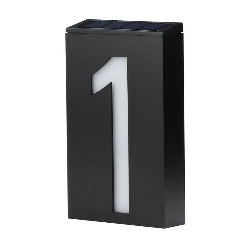 Solar-powered house number light with 6 LED illumination and concealed wall-mounting design