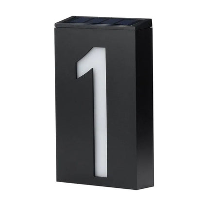 Solar-powered house number light with 6 LED illumination and concealed wall-mounting design