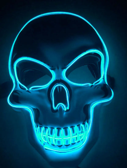 Blue LED glow skeleton mask with flashing lights on a person's face