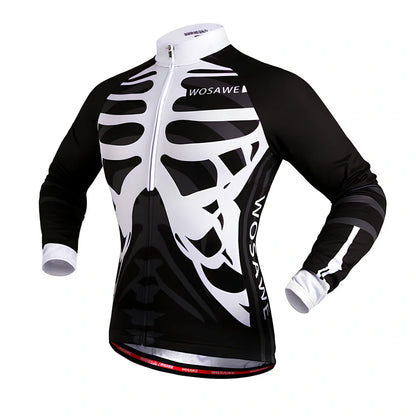 Long sleeve mountain bike cycling jersey in black white with breathable mesh underarms and reflective back for night rides, sizes S-XXL