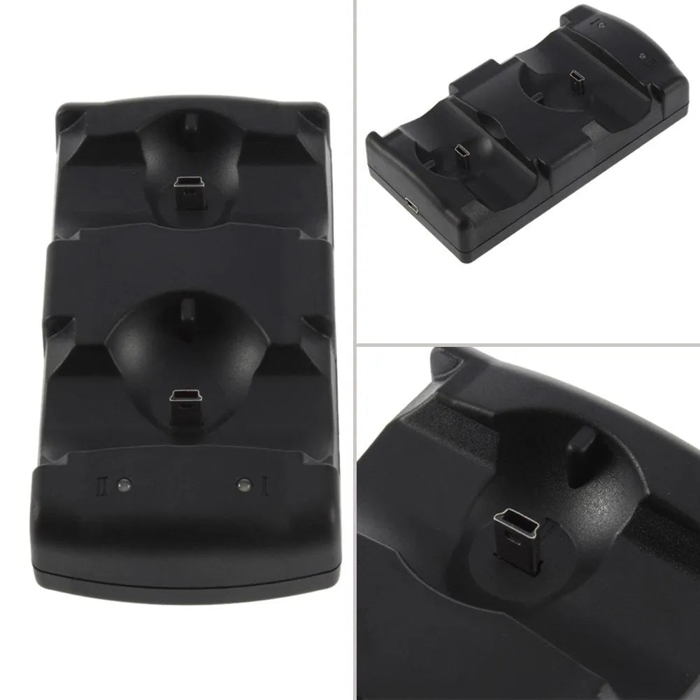 Black PS3 dual controller charging dock with USB cable, charging two wireless controllers