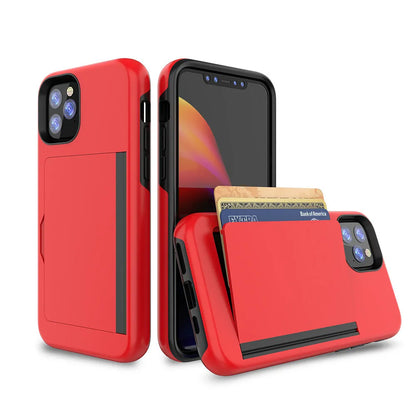 iPhone 11 mobile phone shell in six solid colours showing TPU+PC construction and precise model fit