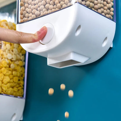White wall mounted transparent food storage container with easy press cereal dispenser mechanism