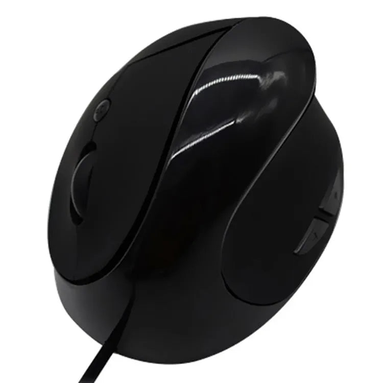 Ergonomic vertical wired computer mouse in black colour showing side profile