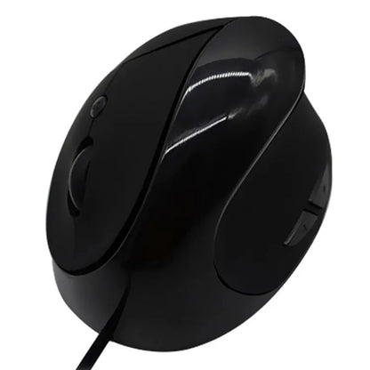 Ergonomic vertical wired computer mouse in black colour showing side profile