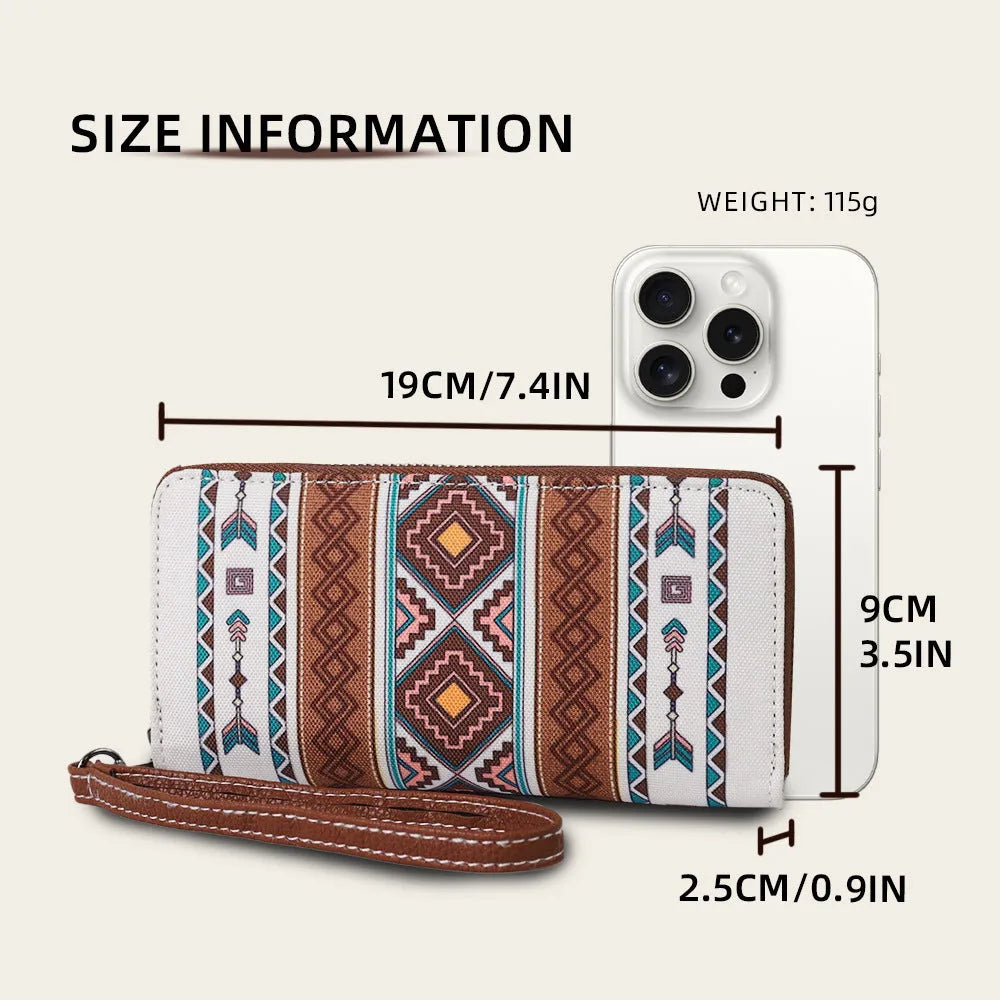 Bohemian striped canvas RFID wallet in beige colour, showing anti-theft design and compact size.