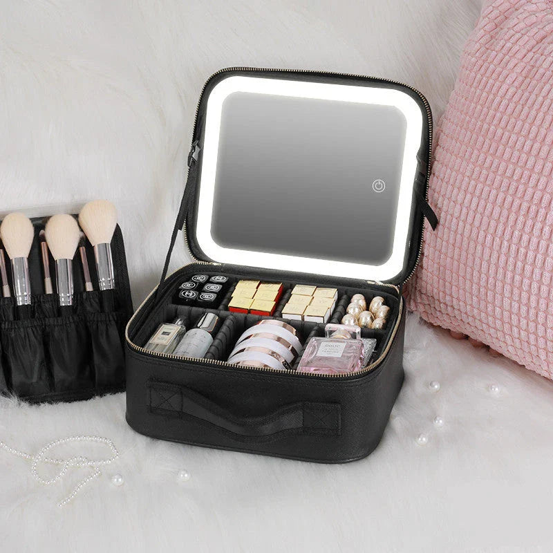 Glamorous lighted makeup vanity case with mirror, featuring large storage compartment, adjustable fill light, and high-definition mirror for flawless makeup application.