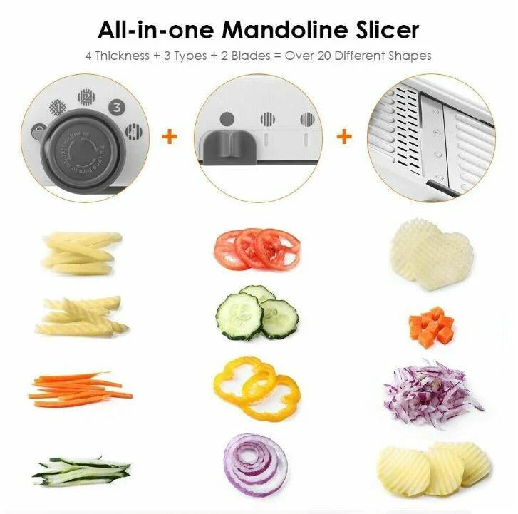 A versatile vegetable chopper with adjustable slicing, shredding, and waffle-cutting blades made of food-grade materials