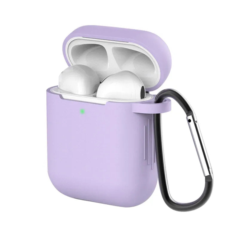 Liquid silicone protective clamshell case for Apple AirPods, shown in multiple colours on a white background.