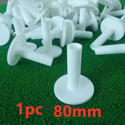 Premium white golf tees with adjustable heights ranging from 42mm to 80mm, presented in a 5-piece set for convenient use on the driving range or golf course