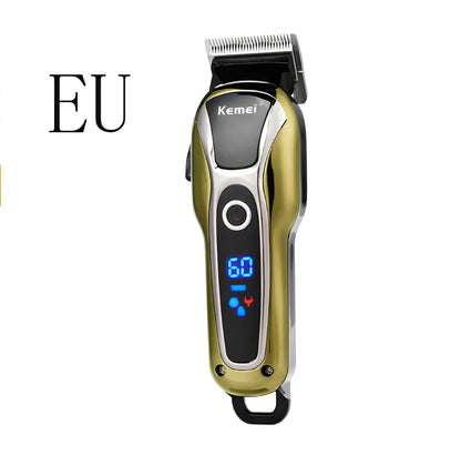 Professional hair clipper with four guide combs, cleaning brush, and power adapter on white background
