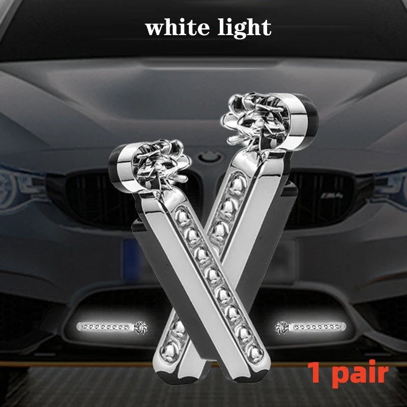 Wind-powered LED daytime running lights for cars and motorcycles in colorful, white, and blue options