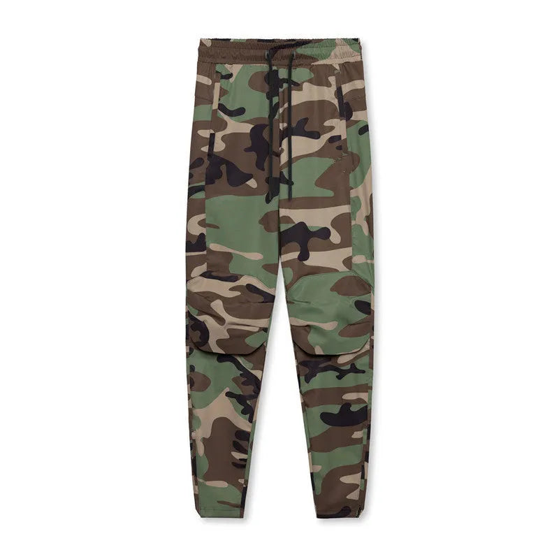 Men's grey fitness trousers with ankle ties, made from quick-drying polyester, for exercise and casual use.