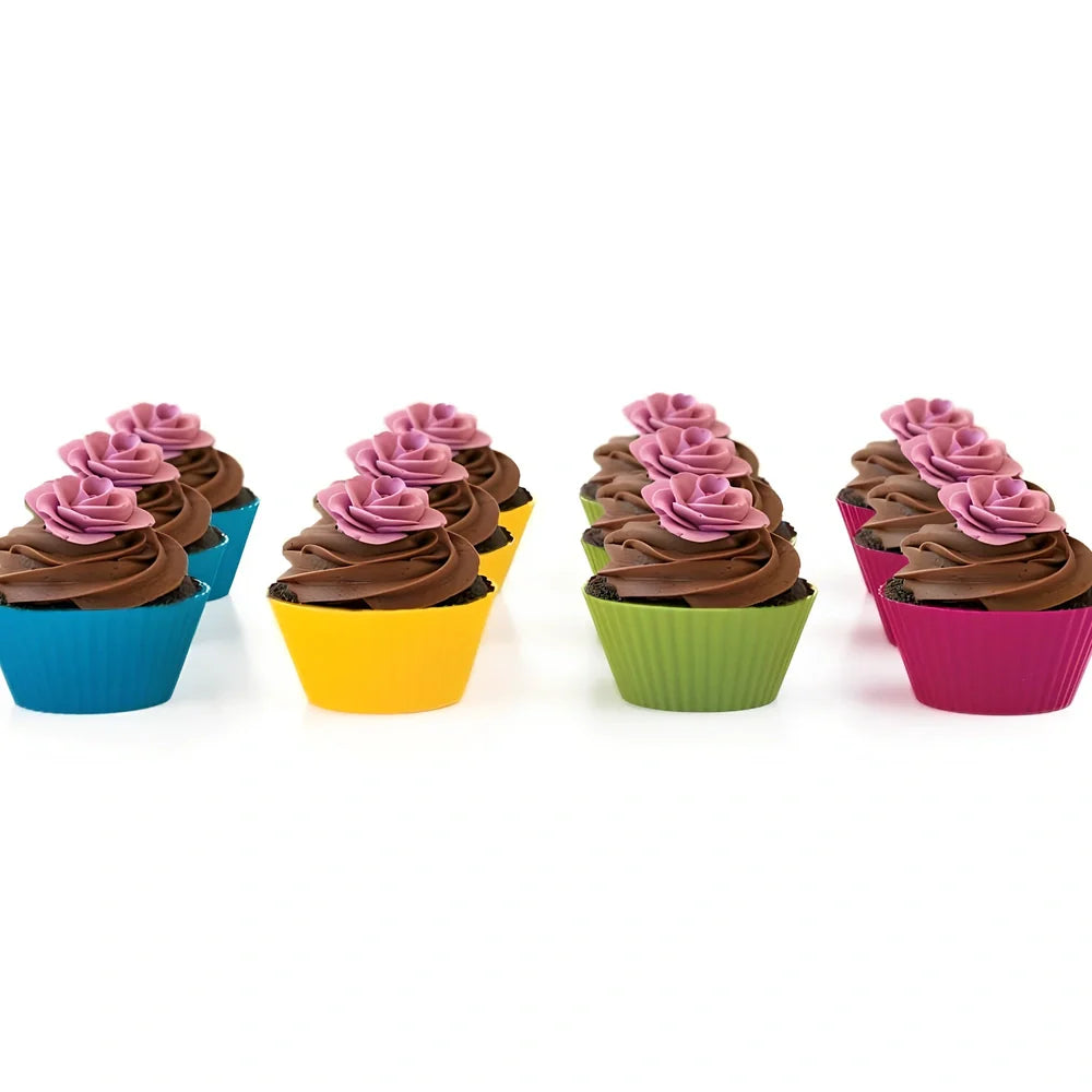 Six different coloured silicone cupcake liners showing fluted edges and nonstick surface