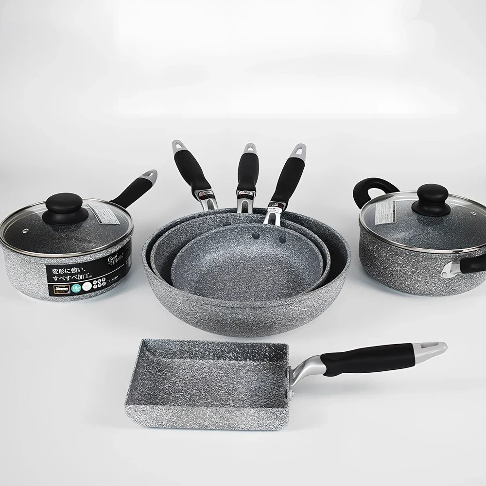Japanese-style Maifan stone frying pan with glass lid showing non-stick surface and compound bottom