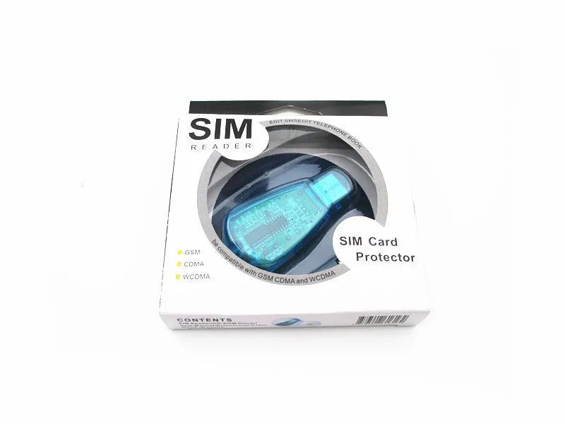 Blue USB SIM card reader for mobile phones placed next to a SIM card.