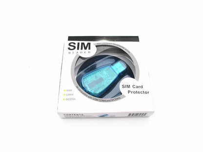 Blue USB SIM card reader for mobile phones placed next to a SIM card.