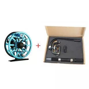 Fly fishing wheel with aluminum coil in blue, black, or green for precision casting