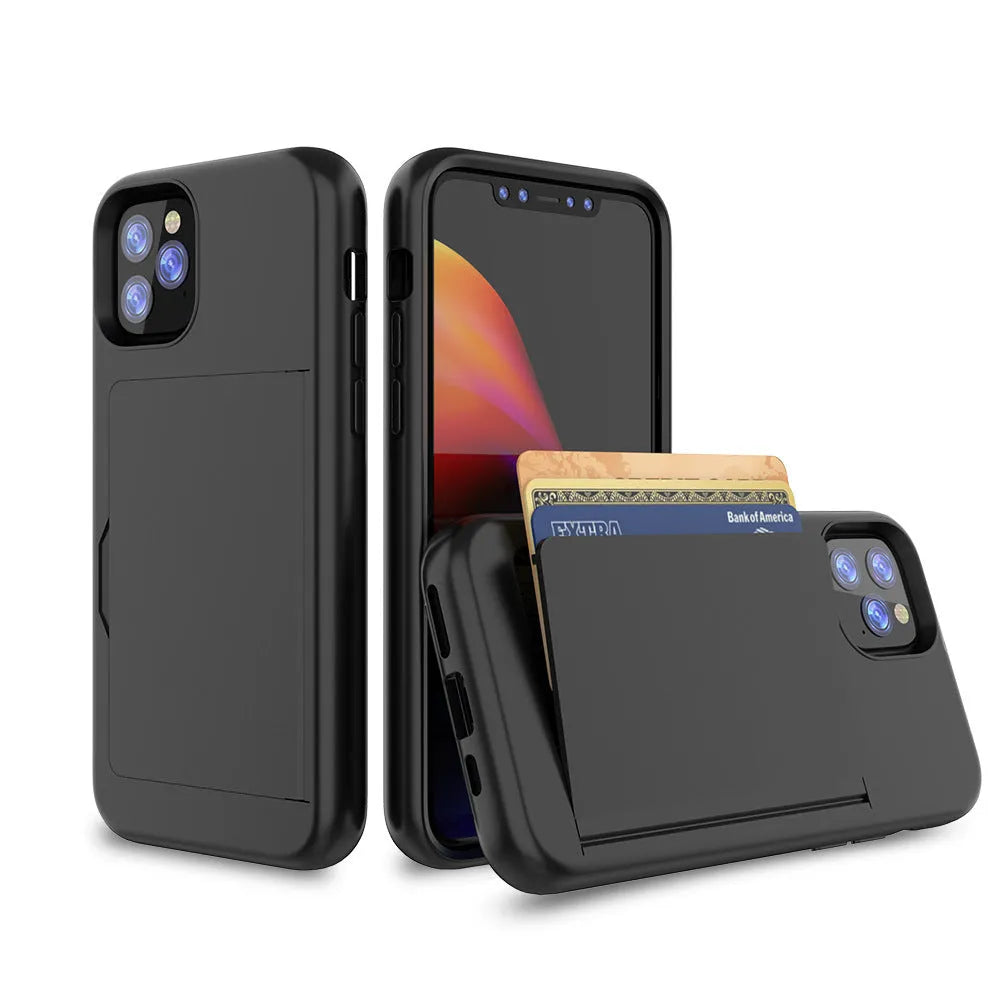 iPhone 11 mobile phone shell in six solid colours showing TPU+PC construction and precise model fit