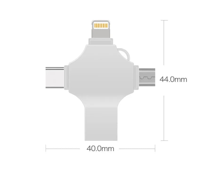 Metal mobile phone U disk with 4-in-1 iOS, Micro USB, Type-C and USB 3.0 connectors, 11g, in Silver