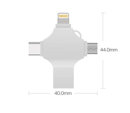 Metal mobile phone U disk with 4-in-1 iOS, Micro USB, Type-C and USB 3.0 connectors, 11g, in Silver