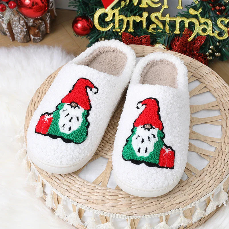 Cozy Santa Claus-themed plush slippers with soft, short-pile fabric and durable TPR soles for indoor wear and holiday cheer