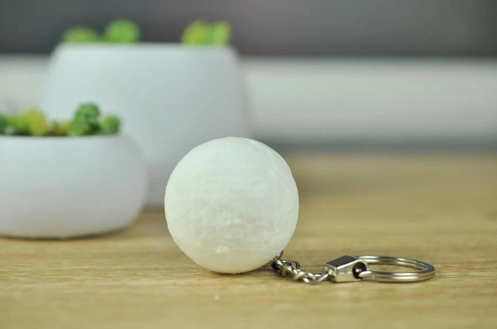 Spherical moon lamp keychain with colour changing LEDs, 6cm diameter with hanging loop