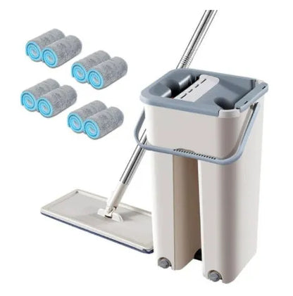 Blue wooden floor lazy mop with bucket, microfibre flat head, aluminium rod, and 360-degree rotation