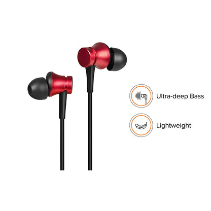 Piston in-ear headphones with 3.5mm wired connector in black, blue, and red colour options