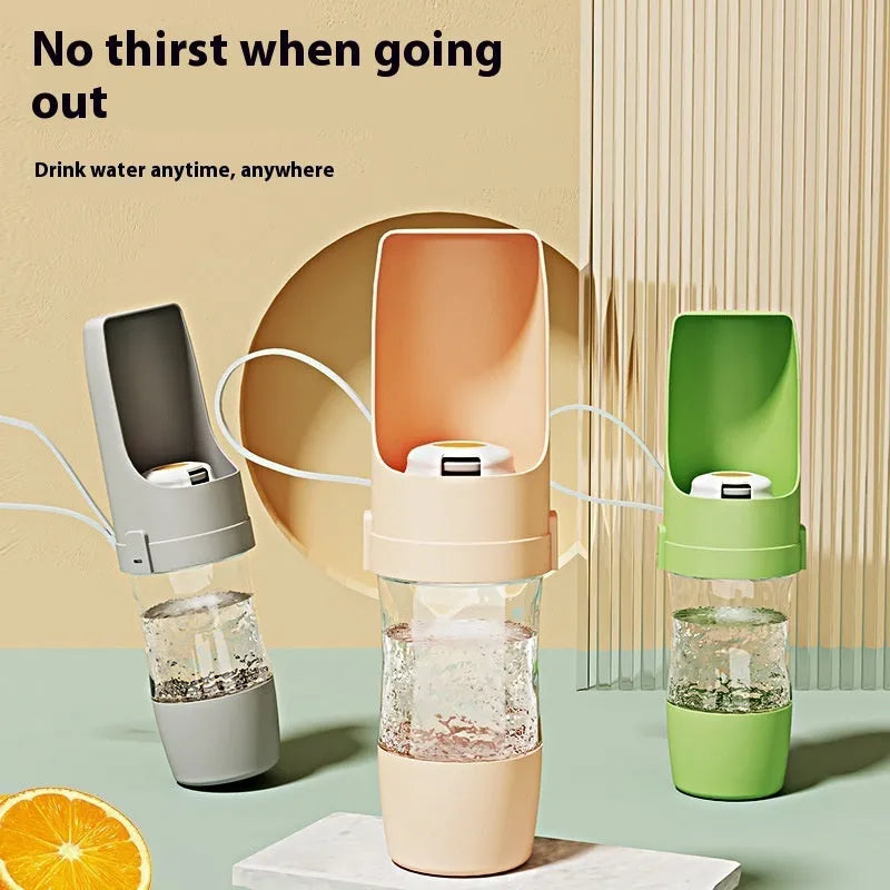 Grey 2-in-1 travel dog water bottle with lanyard showing folding design and 690ml capacity
