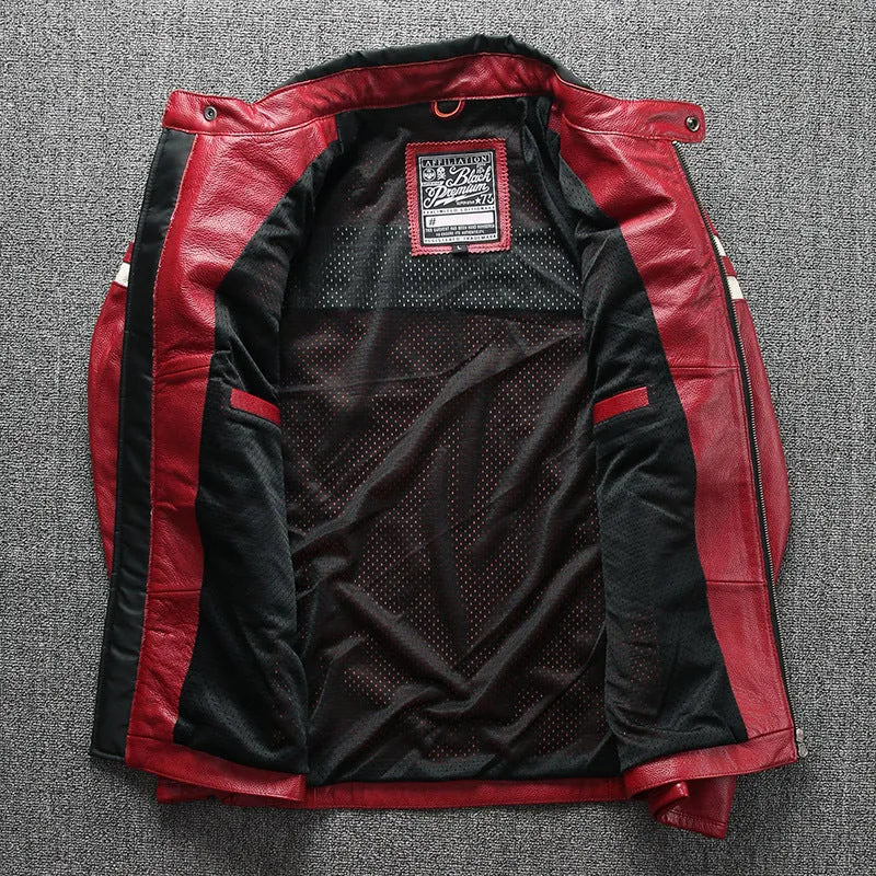 Motorcycle leather jacket in black cowhide with stand-up collar and multiple pockets, size S-3XL.