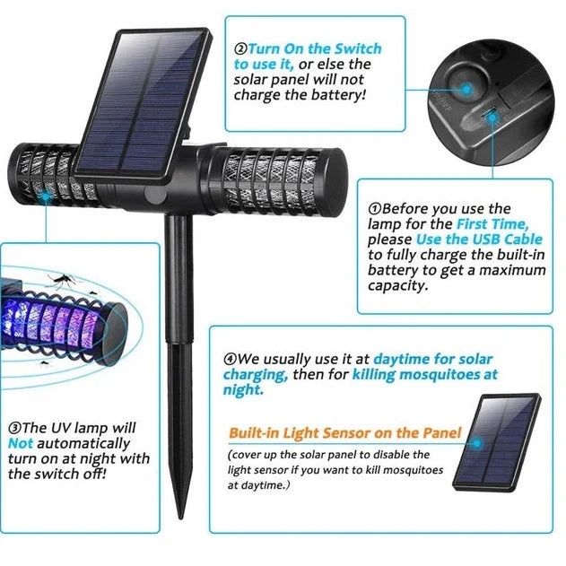 Black outdoor mosquito killer lamp with solar panel and UV LED lights for garden insect control