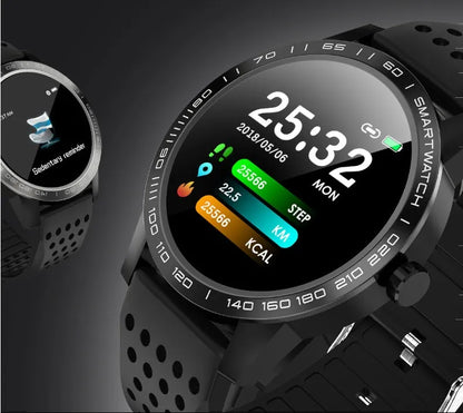 Black smart bracelet with colour screen displaying heart rate and fitness data on a wrist