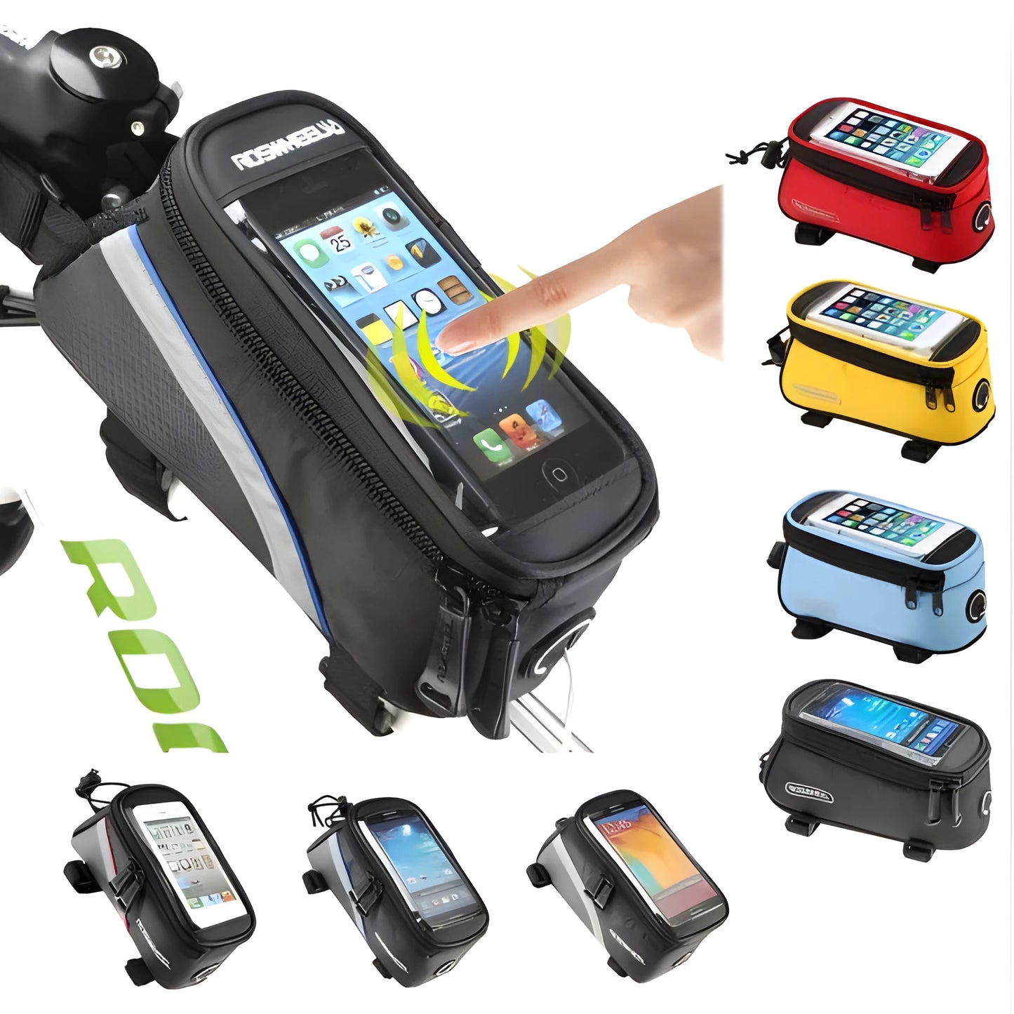 ROSWHEEL bicycle frame bag in black showing mounting on bike frame with iPhone inside