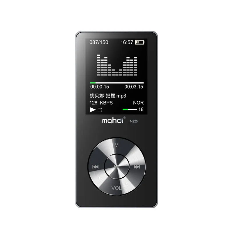 Compact silver metal MP3 music player with 1.8-inch screen showing music menu, beside headphones.