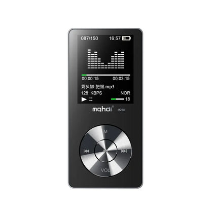 Compact silver metal MP3 music player with 1.8-inch screen showing music menu, beside headphones.