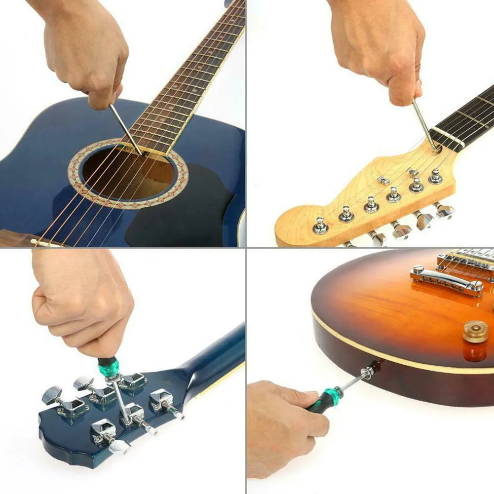 Black guitar repair kit with tools in a 200x100x45mm case for guitars, basses, mandolins, banjos