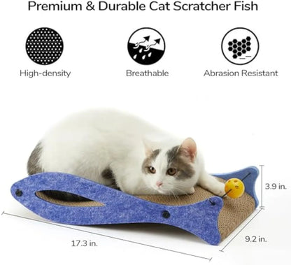Blue fish-shaped cat scratcher with wavy lounge, bell toys, and 46x25x10cm dimensions
