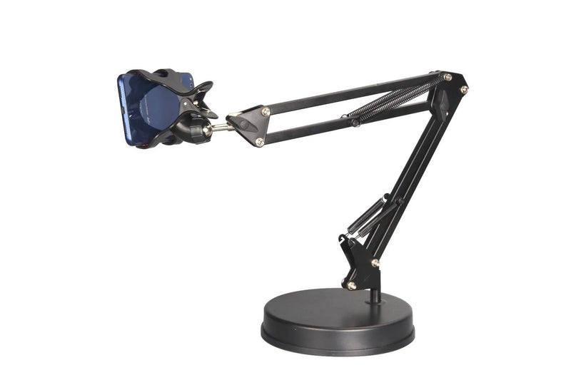 Universal mobile phone holder with 360 degree rotating long metal arms for iPad Mini, iPhone, tablets, and desktop use, featuring a heavy 0.85kg base disc and adjustable ball head clamp, available in black, black square, or white