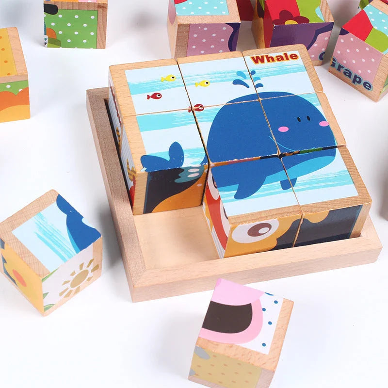 Premium 3D wooden puzzle cubes with vibrant patterns for educational and cognitive development in children