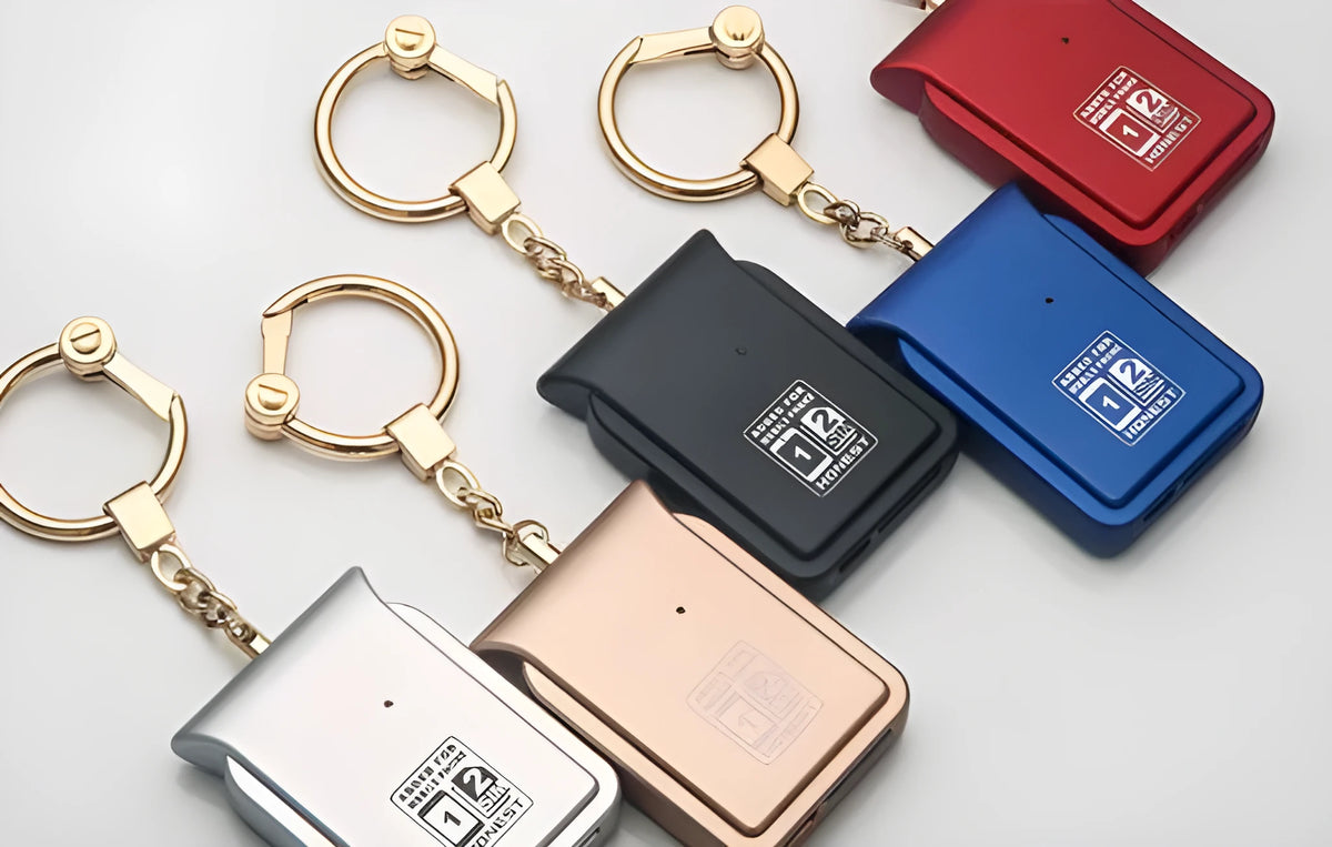 Bluetooth dual SIM adapter keychain in black leather with micro USB charging cable