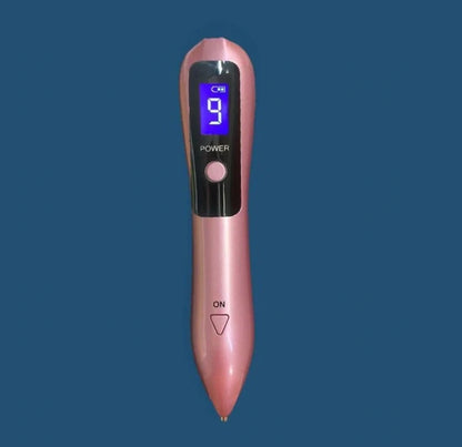 Laser beauty point pen with LCD display showing power level, stainless steel tip, and USB charging port