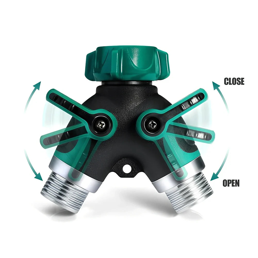 Green Y-type plastic fluid splitter with aluminium-plated copper inlet and zinc alloy outlets measuring 94x91x55mm