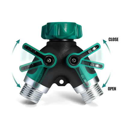 Green Y-type plastic fluid splitter with aluminium-plated copper inlet and zinc alloy outlets measuring 94x91x55mm