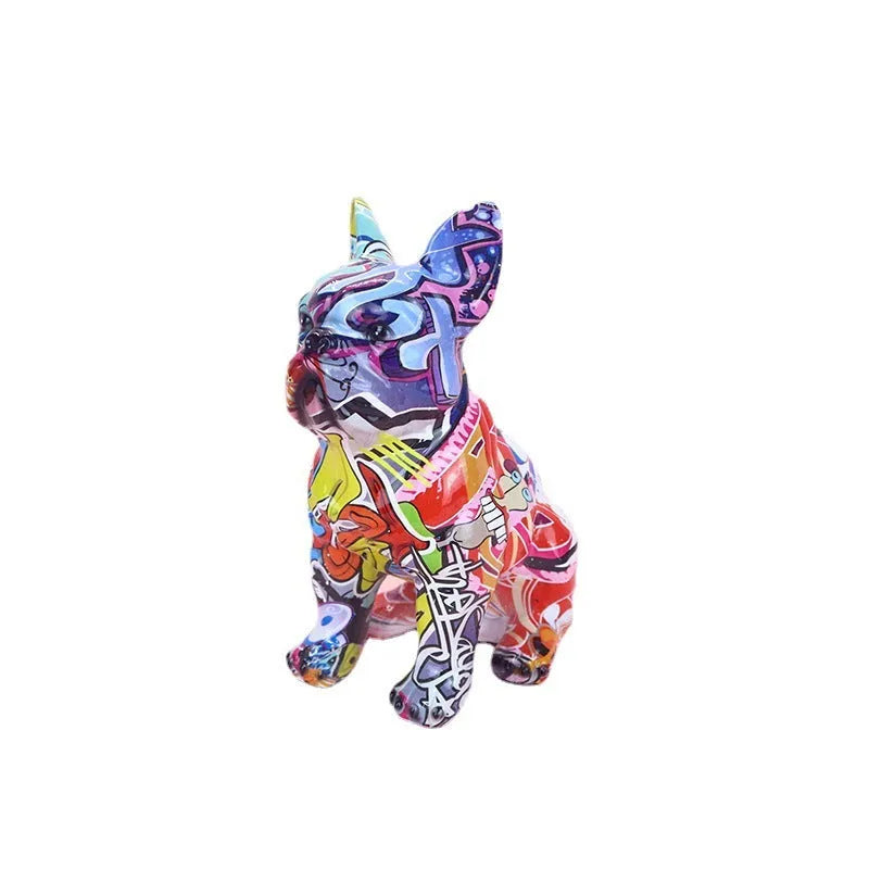 Modern graffiti-coloured resin bulldog statue on a white background.