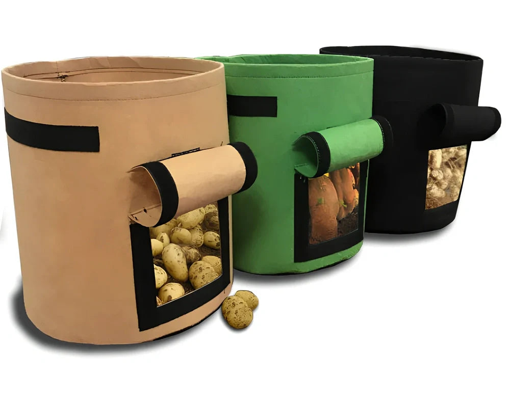 Black plant growth bag with side harvesting window and double handles for potato gardening