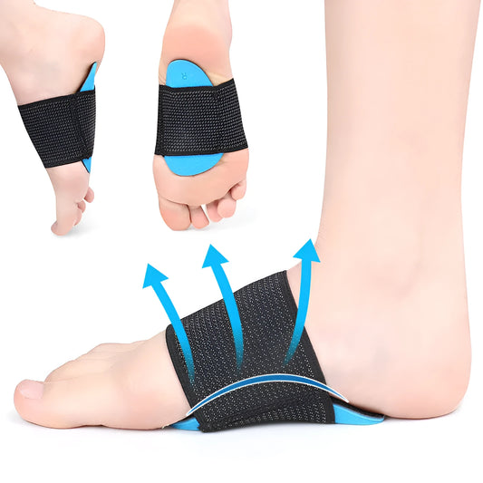 Blue elastic bandage foot pads with arch support for flat foot conditions in adult and children sizes