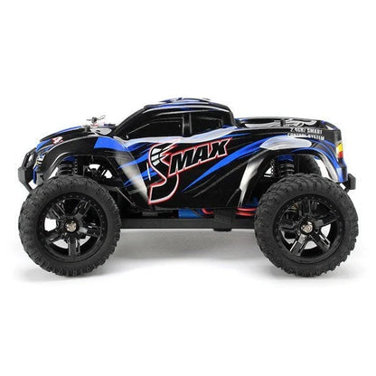 Blue REMO 1631 1:16 scale 4WD RC truck with transmitter on rough terrain