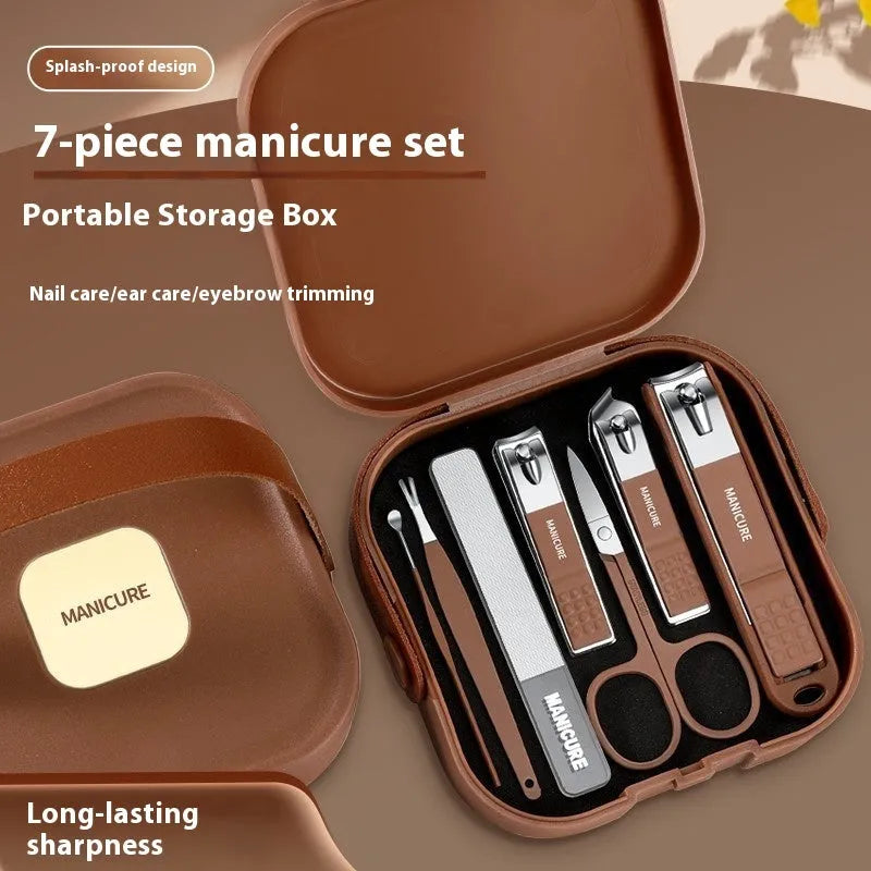 Anti-splash portable nail maintenance kit with stainless steel tools in brown plastic case